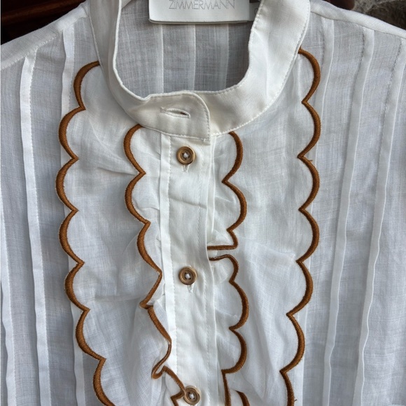 Zimmermann White Blouse Ruffle and Brown Embroidered Trim, Size 0 XS - Picture 8 of 11